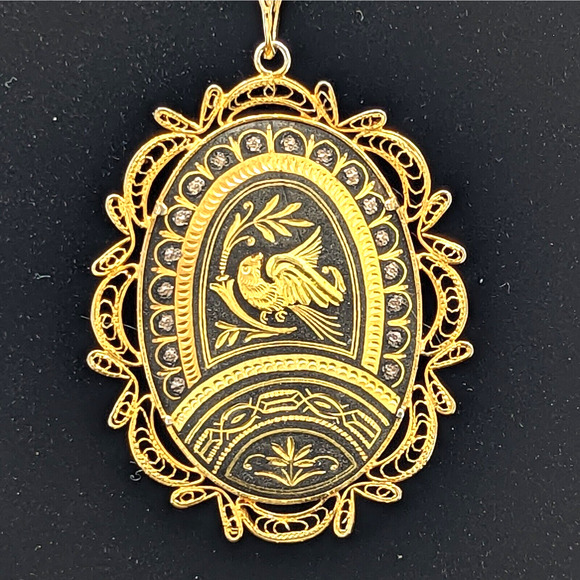 Monet Jewelry - Vintage Damascene Brooch Monet Oval Swallow Bird Filigree Pendant Necklace